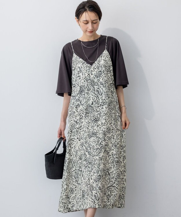 23区 【洗える】アンティークフラワープリント キャミソールワンピース ホワイトベース