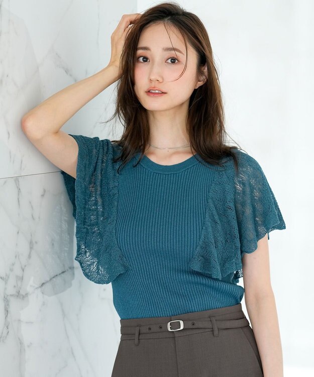 ANY SIS S 【洗える】レーシーフレアスリーブ ニット ディープグリーン
