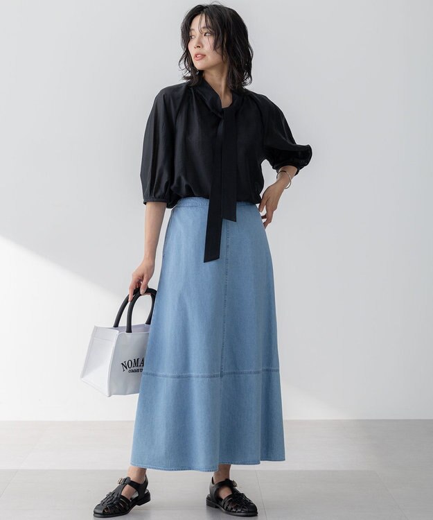 23区 L 【WEB&一部店舗限定/洗える】ライトシアーミクスチャー ボウタイ ブラウス ブラック系