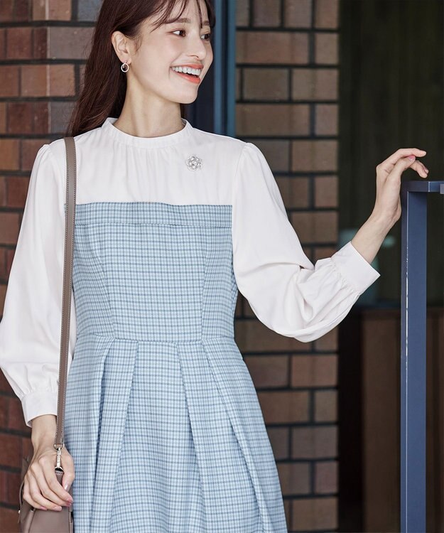 Tiaclasse 【洗える】ビスチェ風ツイードチェックドッキングワンピース ブルー