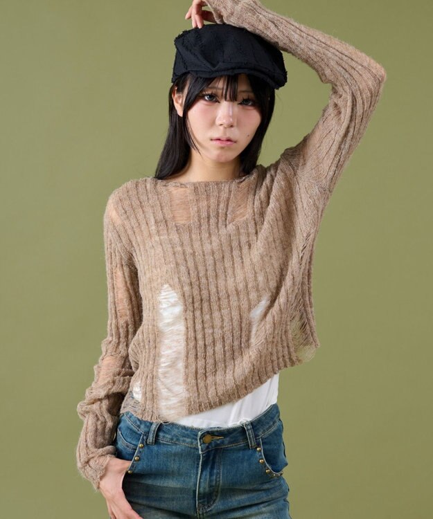 WEGO ダメージショートニット ベージュ