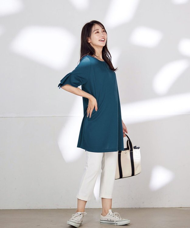 Tiaclasse 【洗える】フレアカフスポンチチュニックブラウス ターコイズ