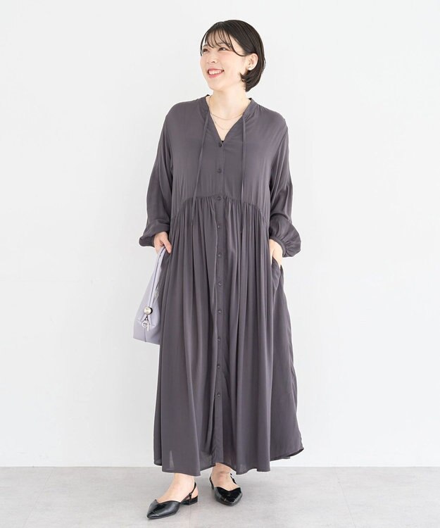 Green Parks スキッパーギャザーワンピース Charcoal Gray