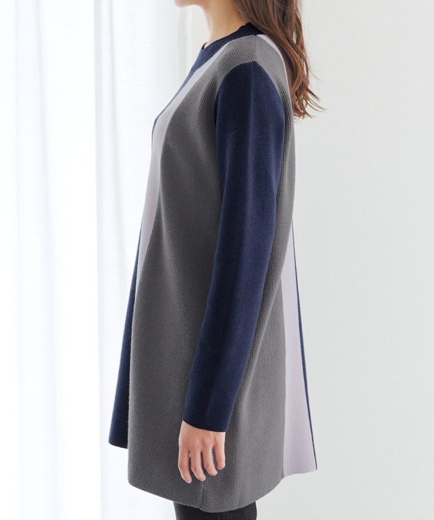 Tiaclasse 配色ワッフル切替ニットチュニック ネイビー