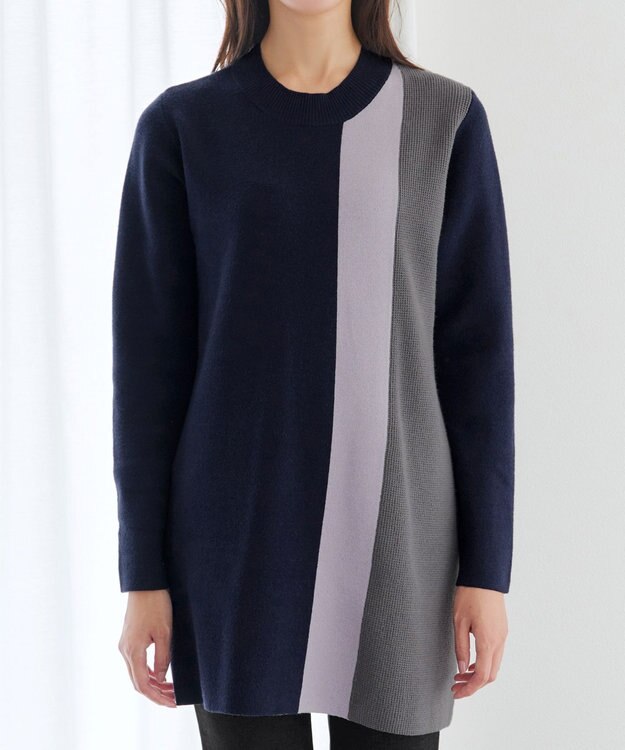 Tiaclasse 配色ワッフル切替ニットチュニック ネイビー