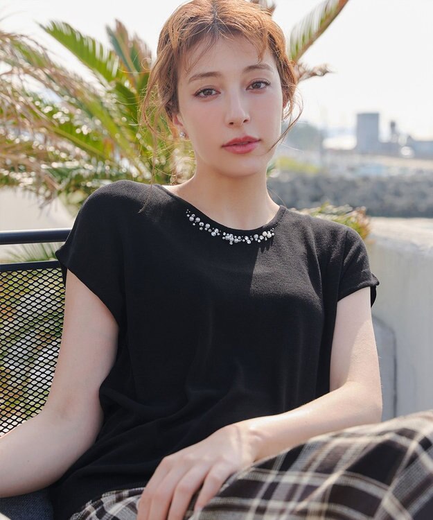 Tiaclasse L 【洗える】ビジュー付きフレンチニット ブラック