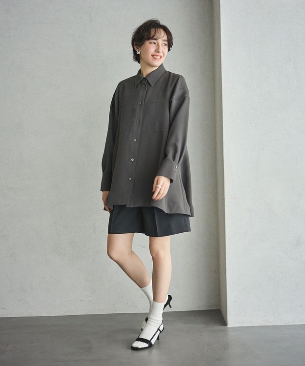 #Newans 【洗濯機可能】Aラインパネルチュニックシャツ チャコール