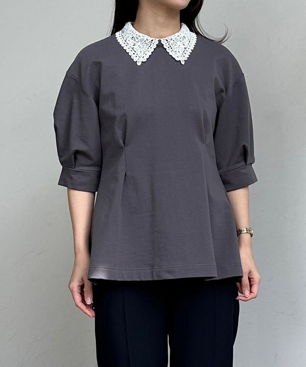 組曲 【2WAY】レース襟フレンチテリーフレア カットソー チャコールグレー系