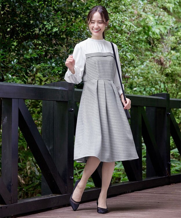Tiaclasse 【洗える】ビスチェ風ツイードチェックドッキングワンピース オフホワイト