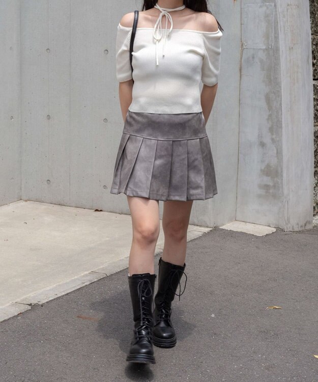 WEGO チョーカーリボン付きオフショルニット ホワイト