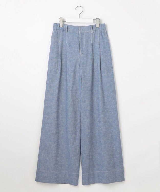 自由区 【洗える】コットンリネンシャンブレーワイドストレート パンツ ライトブルー系
