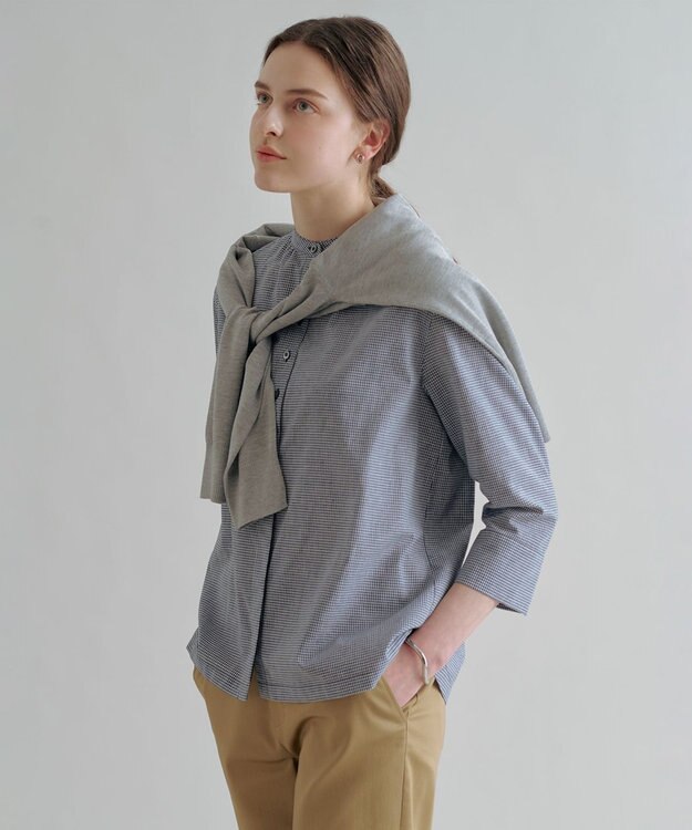 J.PRESS LADIES リネンminiチェック バンドカラー ブラウス ネイビーギンガム系