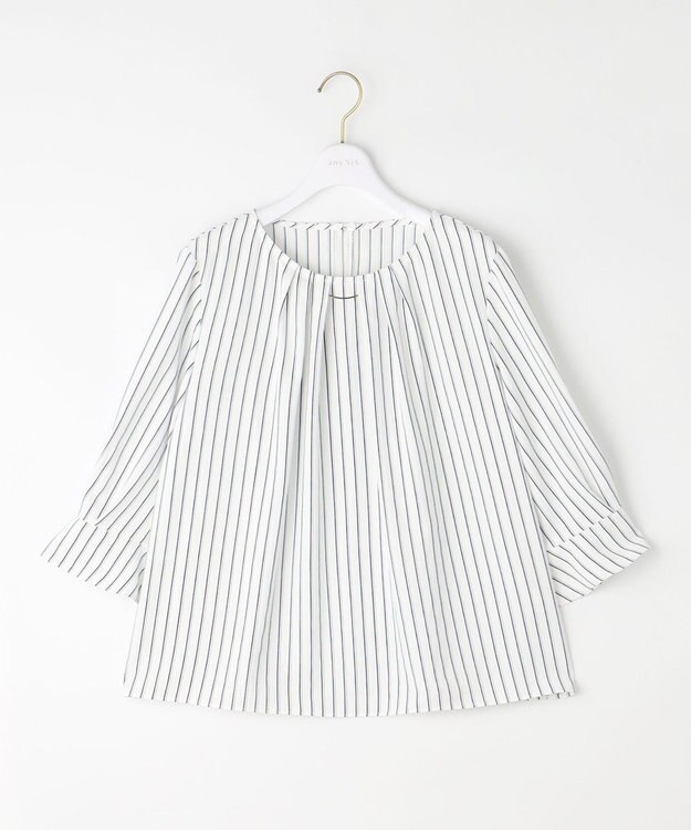 ANY SIS L 【洗える】ラッフルフレアジョーゼット ブラウス ネイビーストライプ