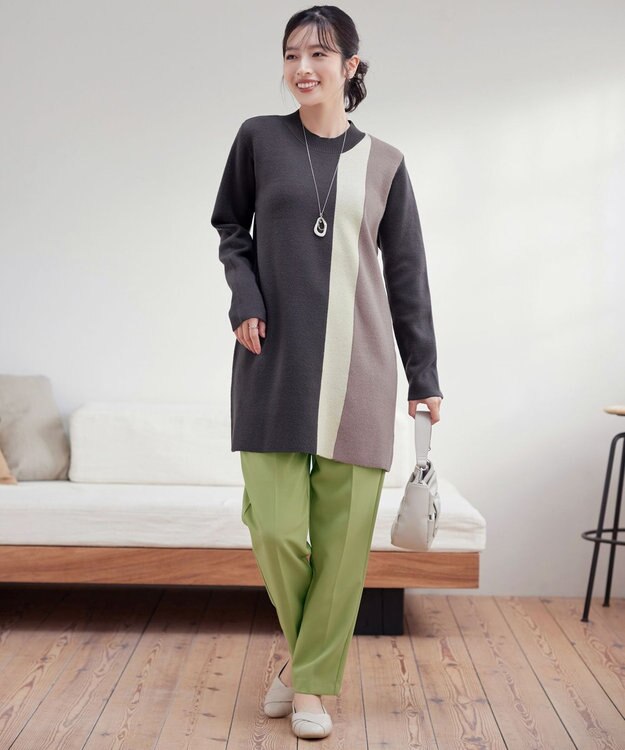 Tiaclasse 配色ワッフル切替ニットチュニック チャコールグレー