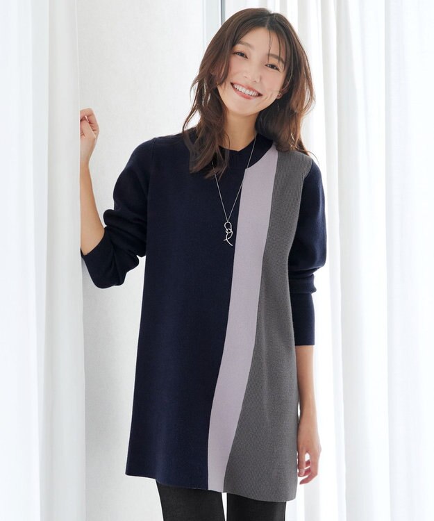 Tiaclasse 配色ワッフル切替ニットチュニック ネイビー