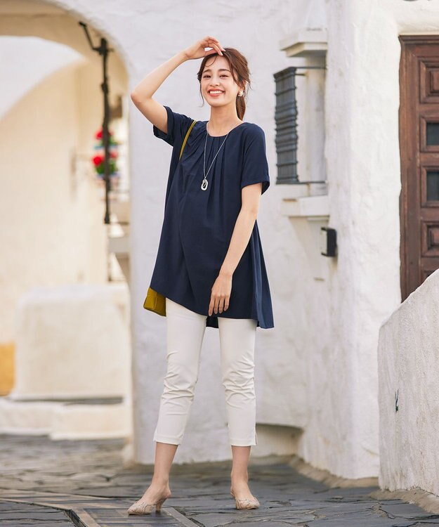 Tiaclasse 【洗える】バックギャザーフレアチュニックブラウス ネイビー