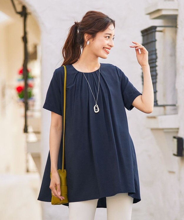 Tiaclasse 【洗える】バックギャザーフレアチュニックブラウス ネイビー