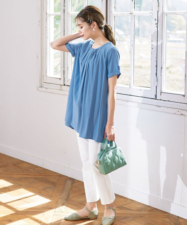 Tiaclasse 【洗える】バックギャザーフレアチュニックブラウス ブルー