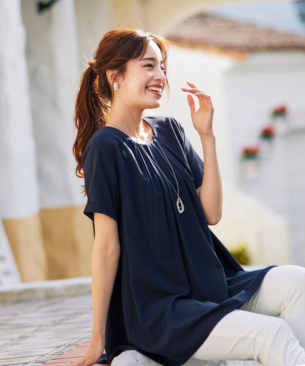 Tiaclasse 【洗える】バックギャザーフレアチュニックブラウス ネイビー