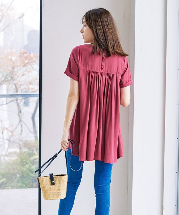 Tiaclasse 【洗える】バックギャザーフレアチュニックブラウス ピンク