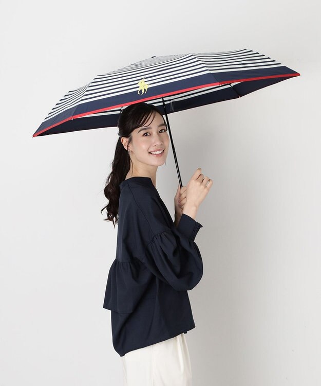 MOONBAT POLO RALPH LAUREN(ポロ ラルフローレン)ポロポニー ボーダー 折りたたみ傘 簡単開閉 ネイビーブルー