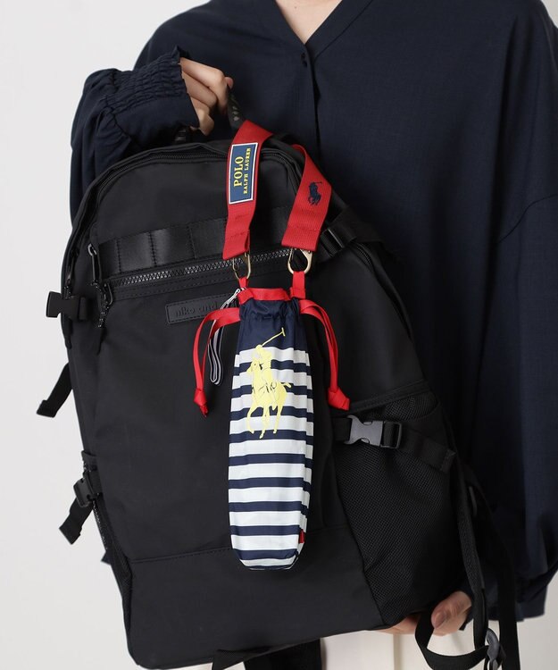 MOONBAT POLO RALPH LAUREN(ポロ ラルフローレン)ポロポニー ボーダー 折りたたみ傘 簡単開閉 ネイビーブルー