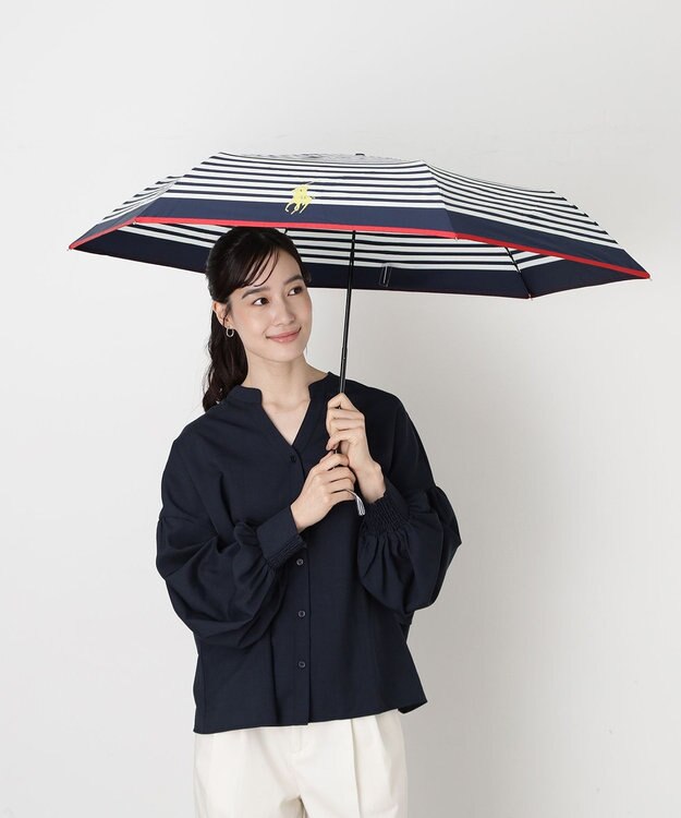 MOONBAT POLO RALPH LAUREN(ポロ ラルフローレン)ポロポニー ボーダー 折りたたみ傘 簡単開閉 ネイビーブルー
