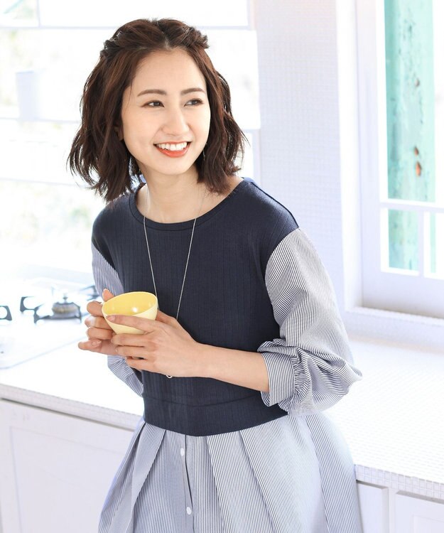 Tiaclasse L 【洗える】一枚でコーデが決まるニットソーレイヤード風ワンピ ネイビー×ネイビーストライプ