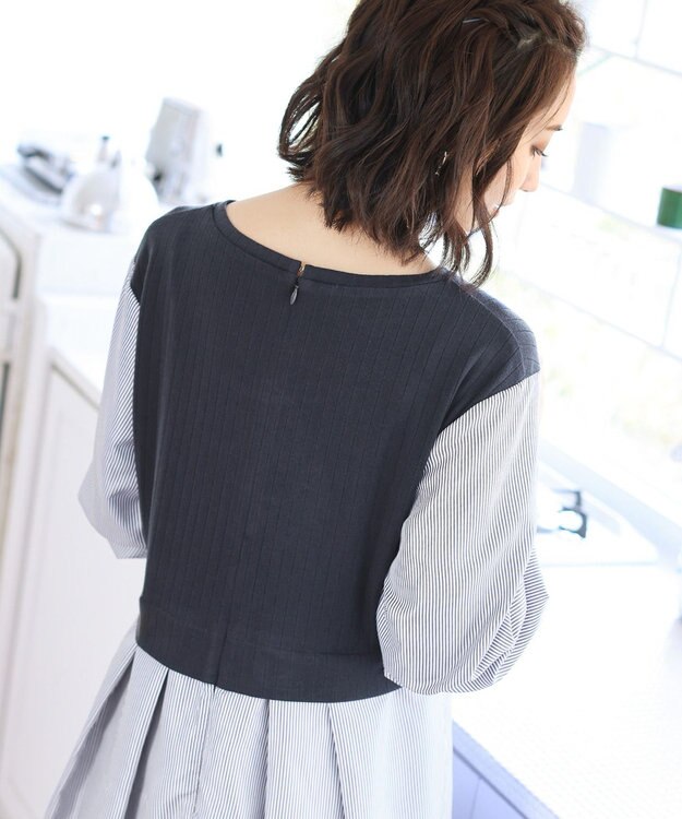 Tiaclasse L 【洗える】一枚でコーデが決まるニットソーレイヤード風ワンピ ネイビー×ネイビーストライプ