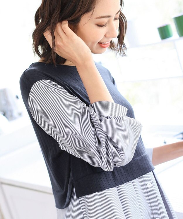 Tiaclasse L 【洗える】一枚でコーデが決まるニットソーレイヤード風ワンピ ネイビー×ネイビーストライプ