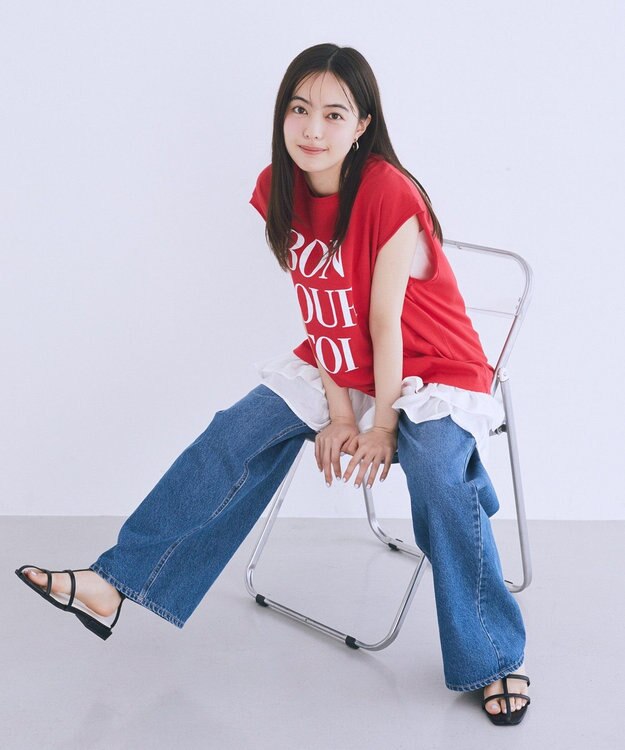 earth music&ecology 【綿100％】フレンチスリーブプリントＴシャツ Red