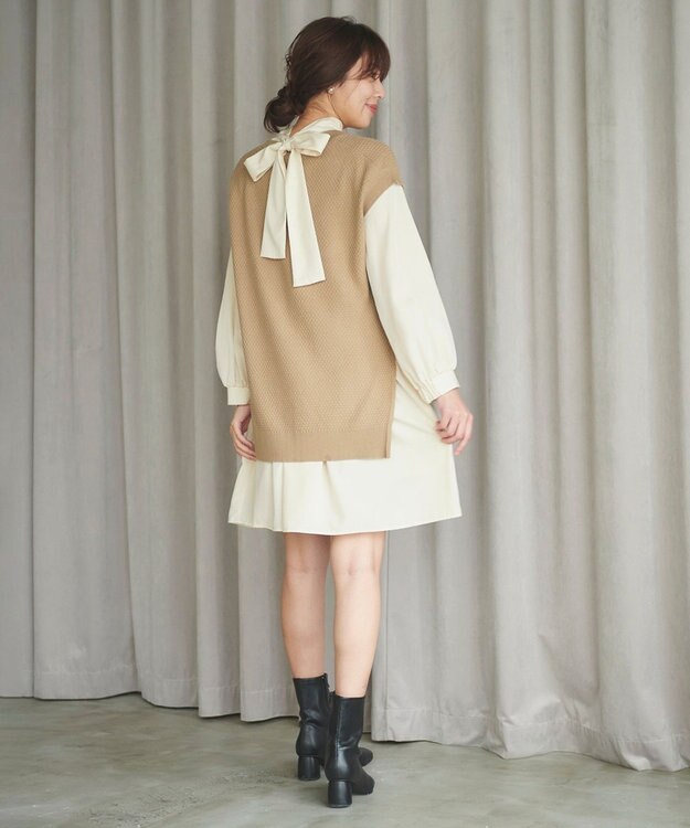Feroux 【セットアイテム】2WAYリボンタイ ワンピース × ニット ベスト ベージュ系