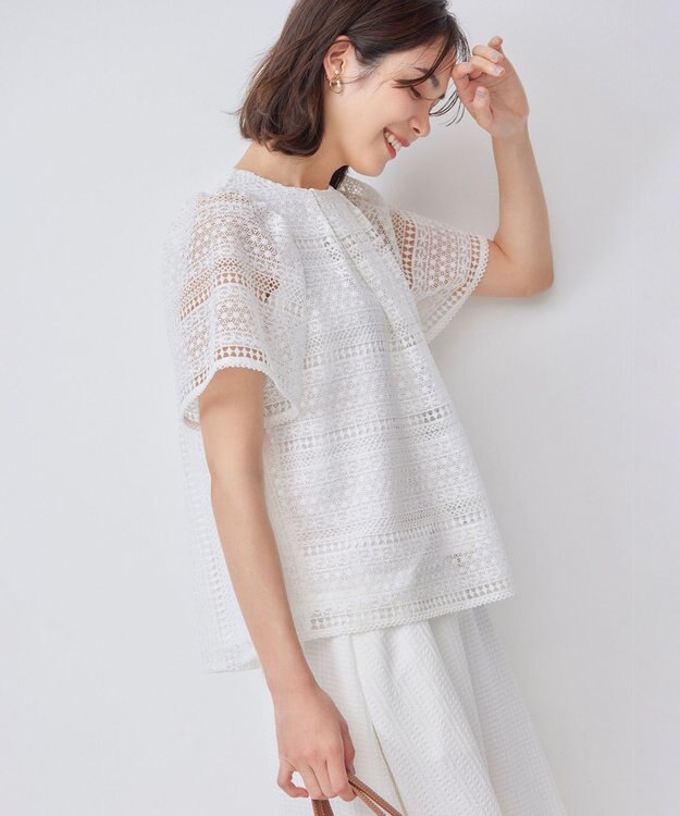 組曲 S ボーダーレース ブラウス パールホワイト系