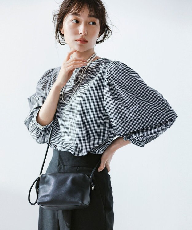 ANY 【UVカット/抗菌防臭/吸水速乾】エニィファンクション袖タックブラウス ブラック小ギンガム