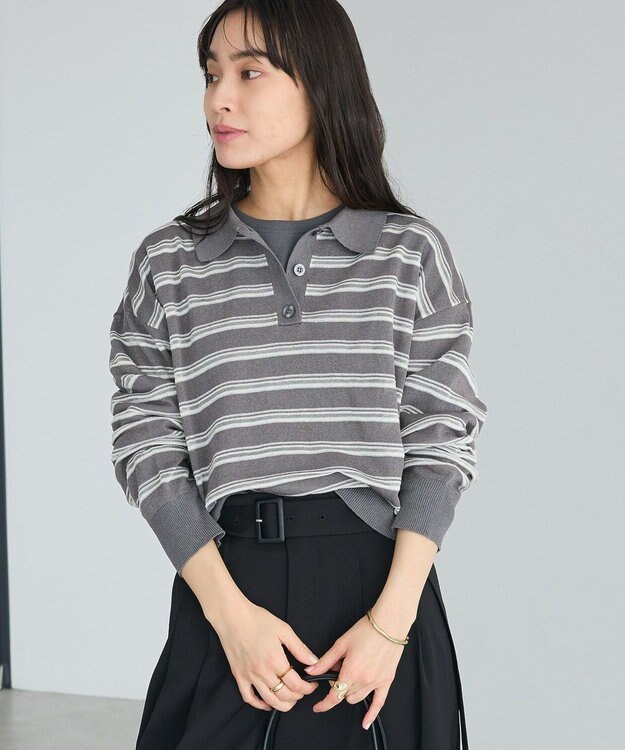 CRAFT STANDARD BOUTIQUE シアーボーダーポロ衿ニットプルオーバー Gray