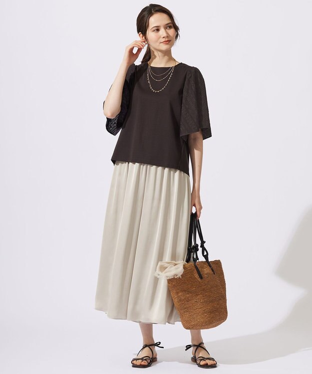 自由区 L 【カタログ掲載・セットアップ対応・ウエストゴム・洗える】セミブライトサテンギャザー パンツ ダークサンド