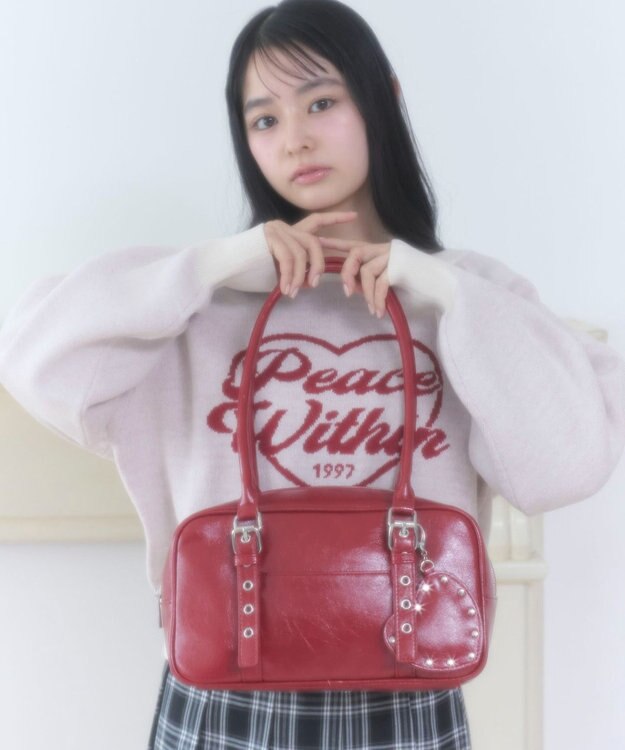 WEGO スタッズハートチャーム付きハトメボストン レッド