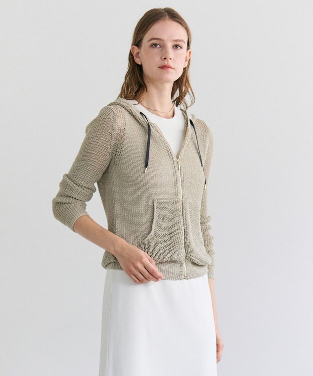 BEIGE， OPTICAL / ペーパーヤーンフーディージップニット Flax