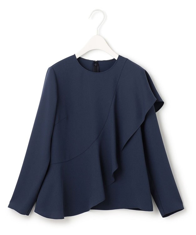 ICB 【WEB限定カラーあり・洗える】エステルダブルクロス 長袖ラッフルブラウス ダークブルー系