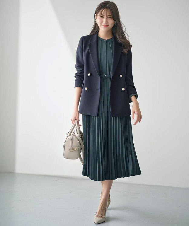 ANY SIS 【洗える】スタンドカラープリーツ ワンピース ディープグリーン