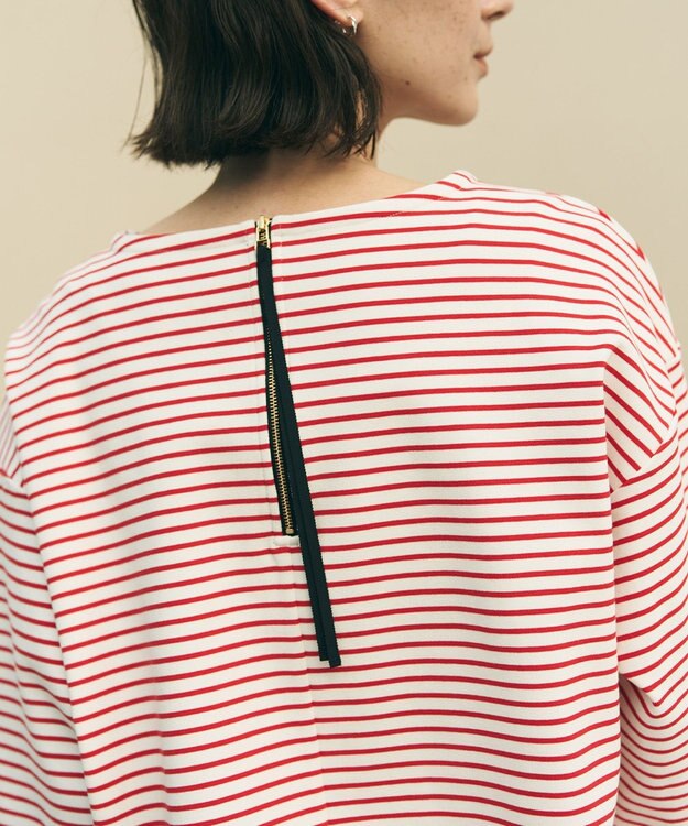 UNFILO ドライタッチリブ バックZIP ボーダートップス オフ×レッド