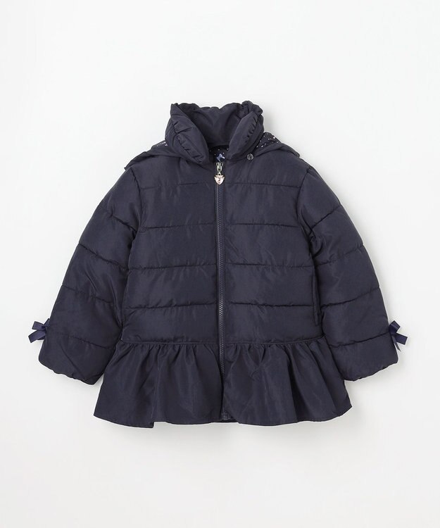 ANY KIDS 【フード取り外し/洗濯機可能】中綿フリル リボンコート ネイビー