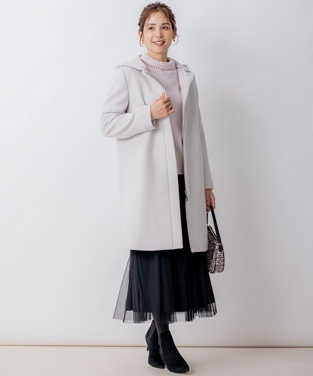 組曲 【2WAY・WEB限定】ショートビーバー フーディーロングコート ライトグレー系