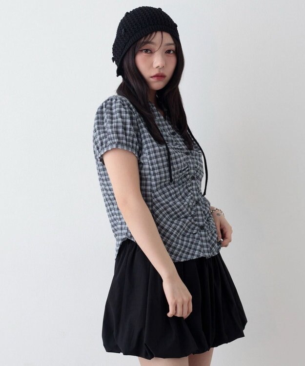 WEGO コンパクトギャザーチェックシャツ サックス