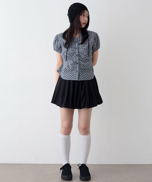 WEGO コンパクトギャザーチェックシャツ サックス