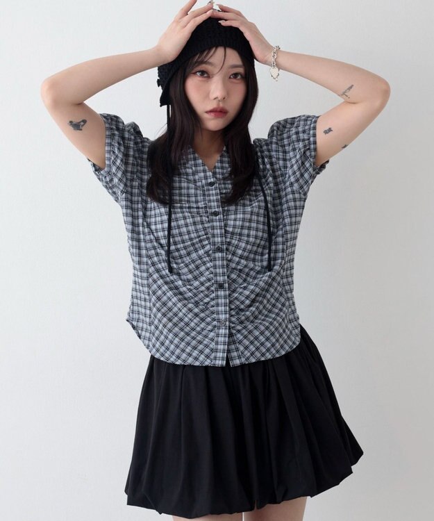 WEGO コンパクトギャザーチェックシャツ サックス