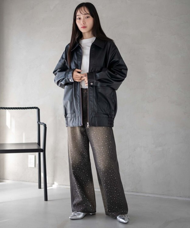 WEGO ラインストーンストレートデニムパンツ ブラック