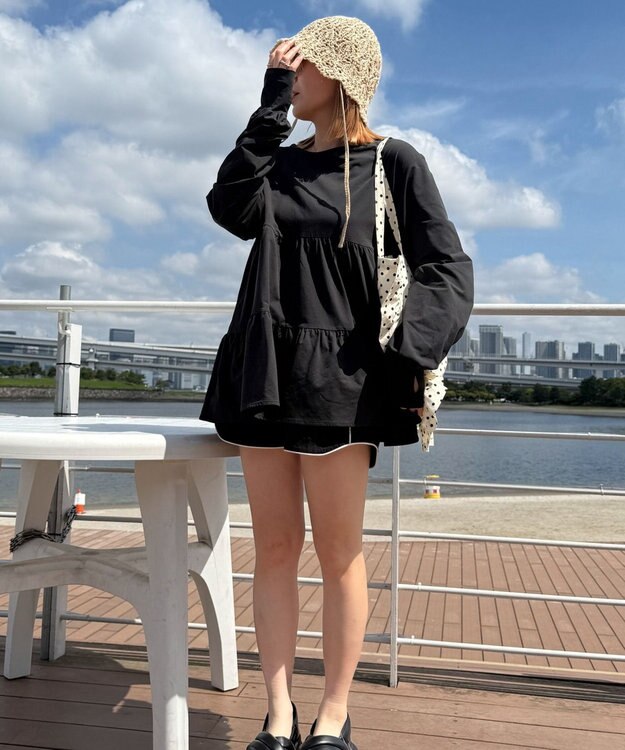 WEGO 【UVカット/接触冷感/吸水速乾/水陸両用/ラッシュガード】ティアードデザイントップス ブラック