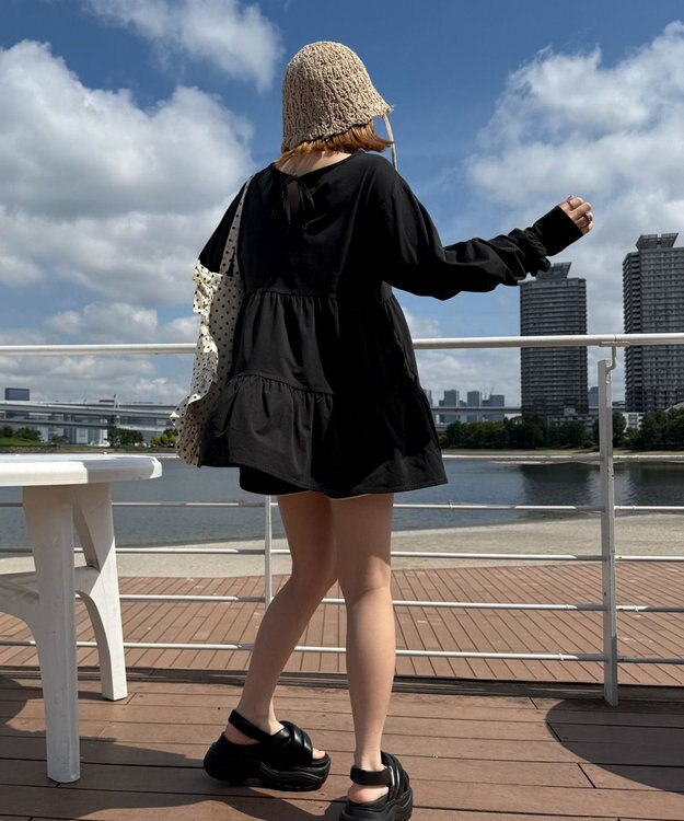 WEGO 【UVカット/接触冷感/吸水速乾/水陸両用/ラッシュガード】ティアードデザイントップス ブラック