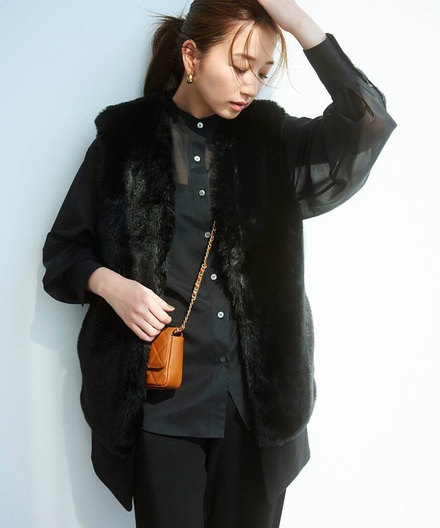 23区 S ウールシアーボイル バンドカラー シャツ ブラック系